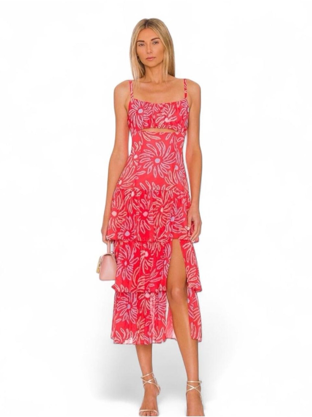 Likely Pink Floral High-Low Tiered Midi Dress with Side Slit